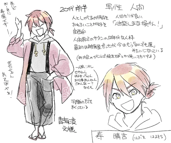 #サタ召

【キャラクター紹介⑤】
寿 晴吉

サタンの友人
関西弁の気のいい兄ちゃん
商店「寿屋」の店主
サタンを「沙汰ちゃん」と呼び、親しげに話しかける。
晴吉は一人暮らしだが、実は寿屋にはもうひとりいるようで…? 