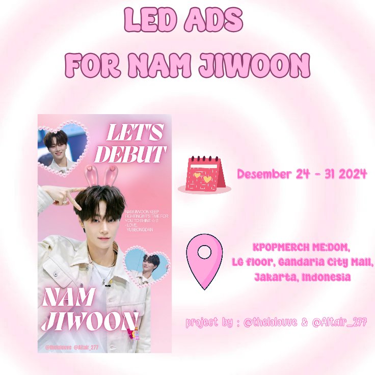 #NAMJIWOON LED AD PROJECT ☆ミ
by : @thelolouve &amp; <a href="/Altair_277/">Altair</a>

📍 KPOPMERCH ME:DOM, LG floor, Gandaria City Mall, Jakarta, Indonesia <a href="/id_kpopmerch/">KPOPMERCH ID</a>
📆 December 24-31, 2024
⏰ 10.00 - 22.00 WIB

Special thanks to <a href="/Altair_277/">Altair</a> for giving me permissions to use your photos 🫶🏻