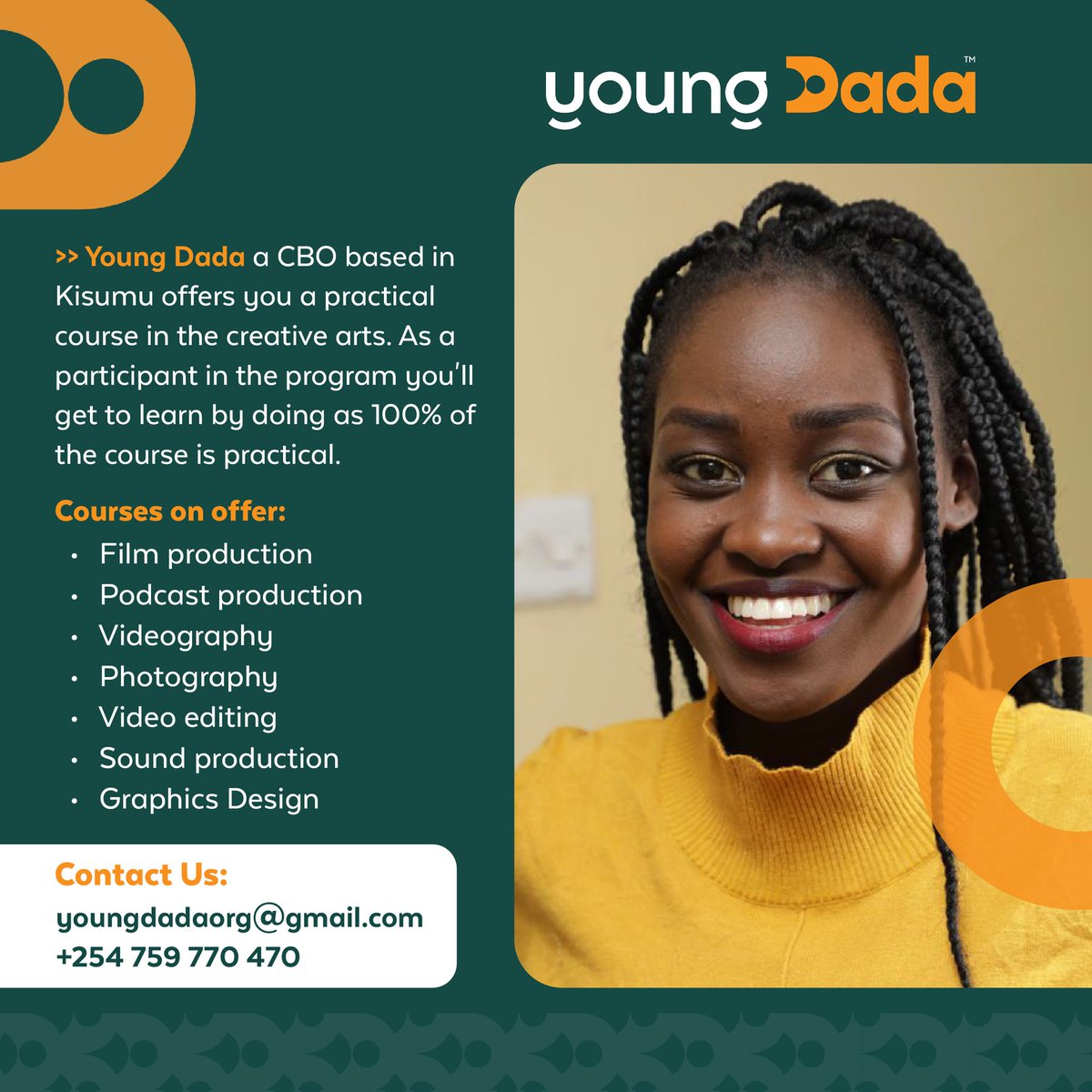 YoungDadaOrg's tweet photo. Do you possess a creative mind? Are you into:

🎞️ Film production
🎙️Podcast Production
📸 Photography
📹 Videography
💻 Graphic Design
🎵 Sound production
📽️Video editing

Tell us in the comments what inspires your creativity and why you’d like to join our programs! https://t.co/I0DbalIFjO