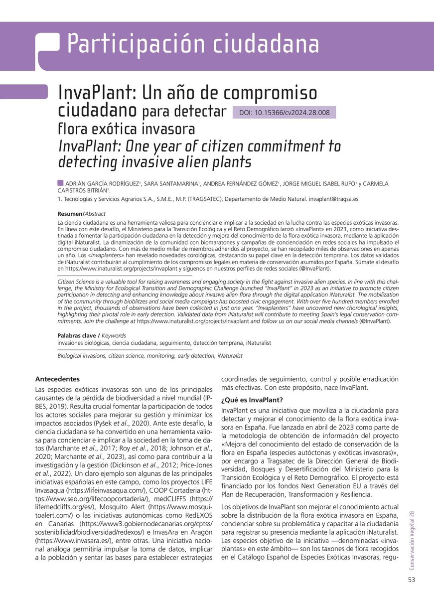 InvaPlant (@invaplant) on Twitter photo ¡Echa un vistazo a nuestra reciente publicación en el número 28 de la revista Conservación Vegetal de <a href="/SEBiCoP/">sebicop.bsky.social</a>!
📍 InvaPlant: Un año de compromiso ciudadano para detectar flora exótica invasora
Artículo completo: revistas.uam.es/conservacionve… ¡Echa un vistazo a nuestra reciente publicación en el número 28 de la revista Conservación Vegetal de <a href="/SEBiCoP/">sebicop.bsky.social</a>!
📍 InvaPlant: Un año de compromiso ciudadano para detectar flora exótica invasora
Artículo completo: revistas.uam.es/conservacionve…