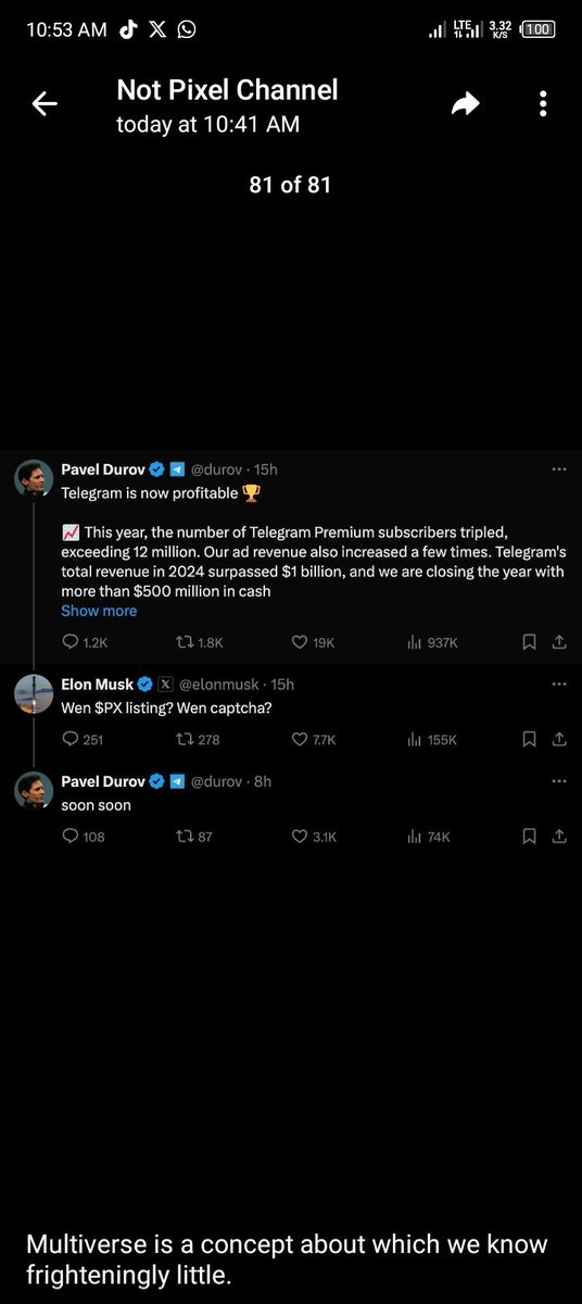 Guys Another congrats 🎉 Not pixel family Elon Musk asked Pavel Durov when listing. The founder Doge &amp; SHIB COIN. And the X owner. He's the founder of Tesla