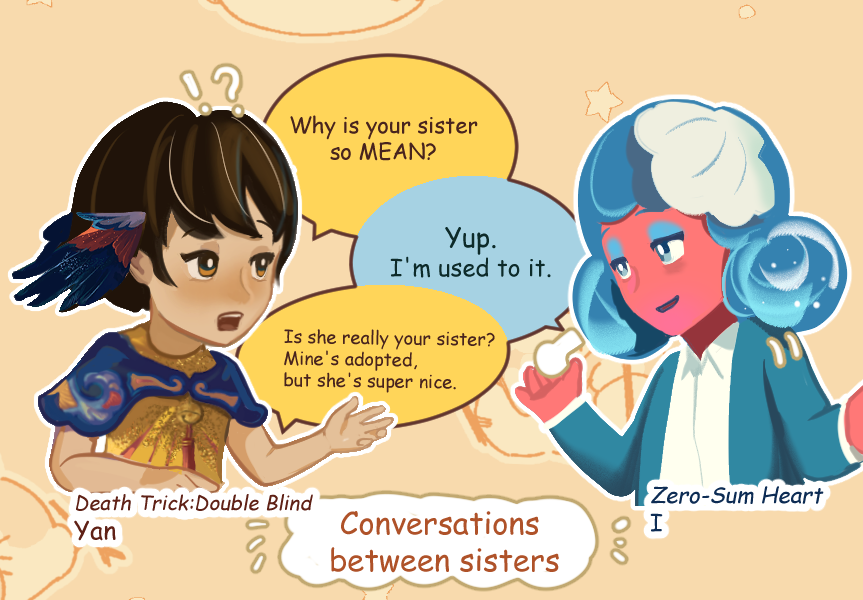 CitreatStudio's tweet photo. Happy holidays! Our game Zero-Sum Heart is 10% off and Death Trick: Double Blind is 40% off in Steam Winter Sale right now, and you can grab a bundle for an additional 20% off 🤗 Here's a little crossover comic for the two pairs of sisters in our games XD https://t.co/cezJREK2L0
