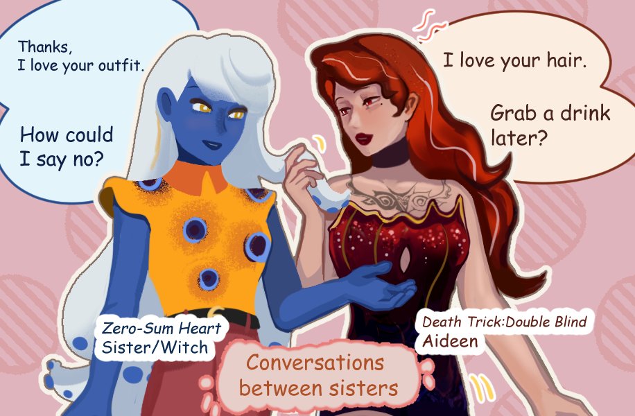 Happy holidays! Our game Zero-Sum Heart is 10% off and Death Trick: Double Blind is 40% off in Steam Winter Sale right now, and you can grab a bundle for an additional 20% off 🤗 Here's a little crossover comic for the two pairs of sisters in our games XD