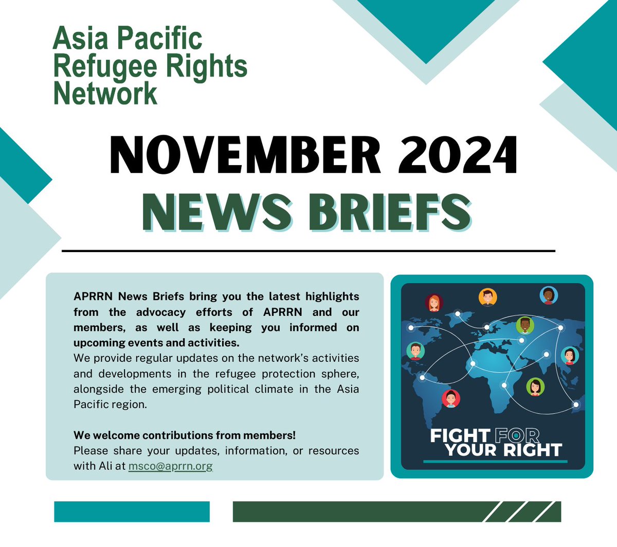 Monthly Newsletter (November 2024)

Our News Briefs bring you the latest highlights from the advocacy efforts of APRRN and our members, as well as keeping you informed on upcoming events and activities. 

Also Read Here: aprrn.org/newsletter-det…

#APRRN #Newsletter #Refugees