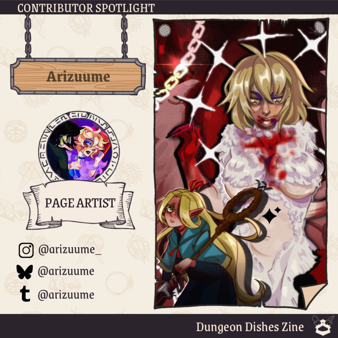Dungeon Dishes Zine 🍗Creation period🍗 (@dungeondishes) on Twitter photo 🍗Contributor spotlight🍗
✨Page artist <a href="/arizuume/">Ari 𓆏 ⋆✴︎˚。⋆(᨟ ͜● ᨟) ⋆✴︎˚。⋆ a clownie</a> will bring an amazing illustration to the zine❤️
🥘We encourage you to follow them and support their work!🥘 🍗Contributor spotlight🍗
✨Page artist <a href="/arizuume/">Ari 𓆏 ⋆✴︎˚。⋆(᨟ ͜● ᨟) ⋆✴︎˚。⋆ a clownie</a> will bring an amazing illustration to the zine❤️
🥘We encourage you to follow them and support their work!🥘