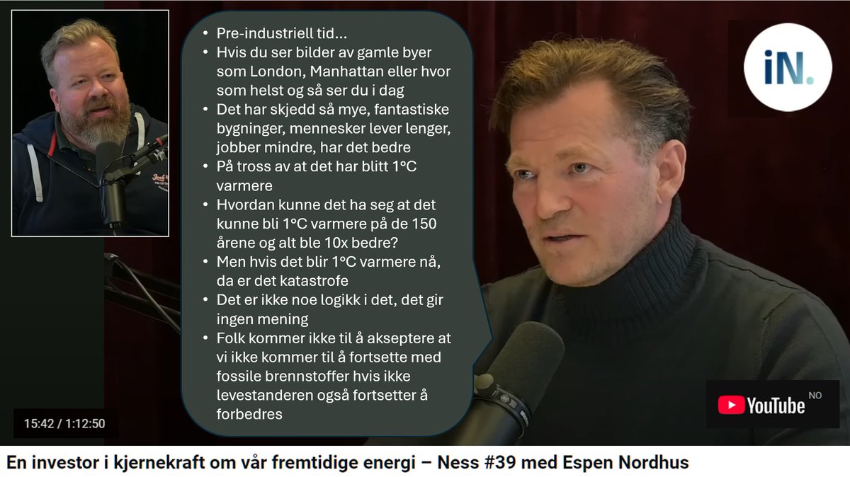 En av de beste samtalene <a href="/OleAsbjoernNess/">Ole Asbjørn Ness</a> har hatt omkring energi og strøm - stikkord som klimamål, klimakatastrofe, vannkraft og Energiwende. Opplysende. Kunnskapsrik Espen Nordhus som tenker helhetlig. Her noen smakebiter.
CC:<a href="/mpenergi/">Morten Pedersen</a>  youtube.com/watch?v=Fi8KHe…