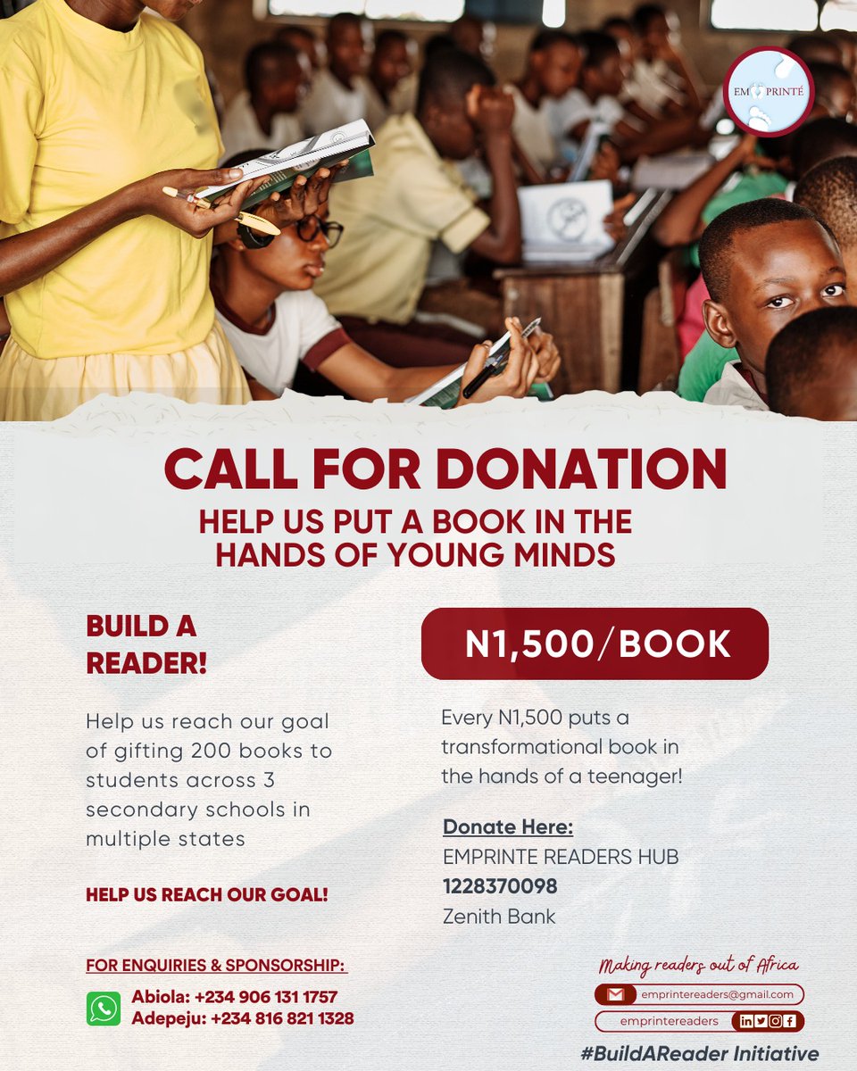 Gabi_OWL's tweet photo. I’m excited to share the #BuildAReader initiative that I worked on in collaboration with #AbiolaOkunsanya, #DorcasEniitanAjayi, #AdepejuAdepegba, and #EmprinteReaders.
 
Our goal is to provide 200 transformational books to 200 teenage students. 😊 💯 📖

#BuildAReader #emprinte https://t.co/wnBY5EKuk8