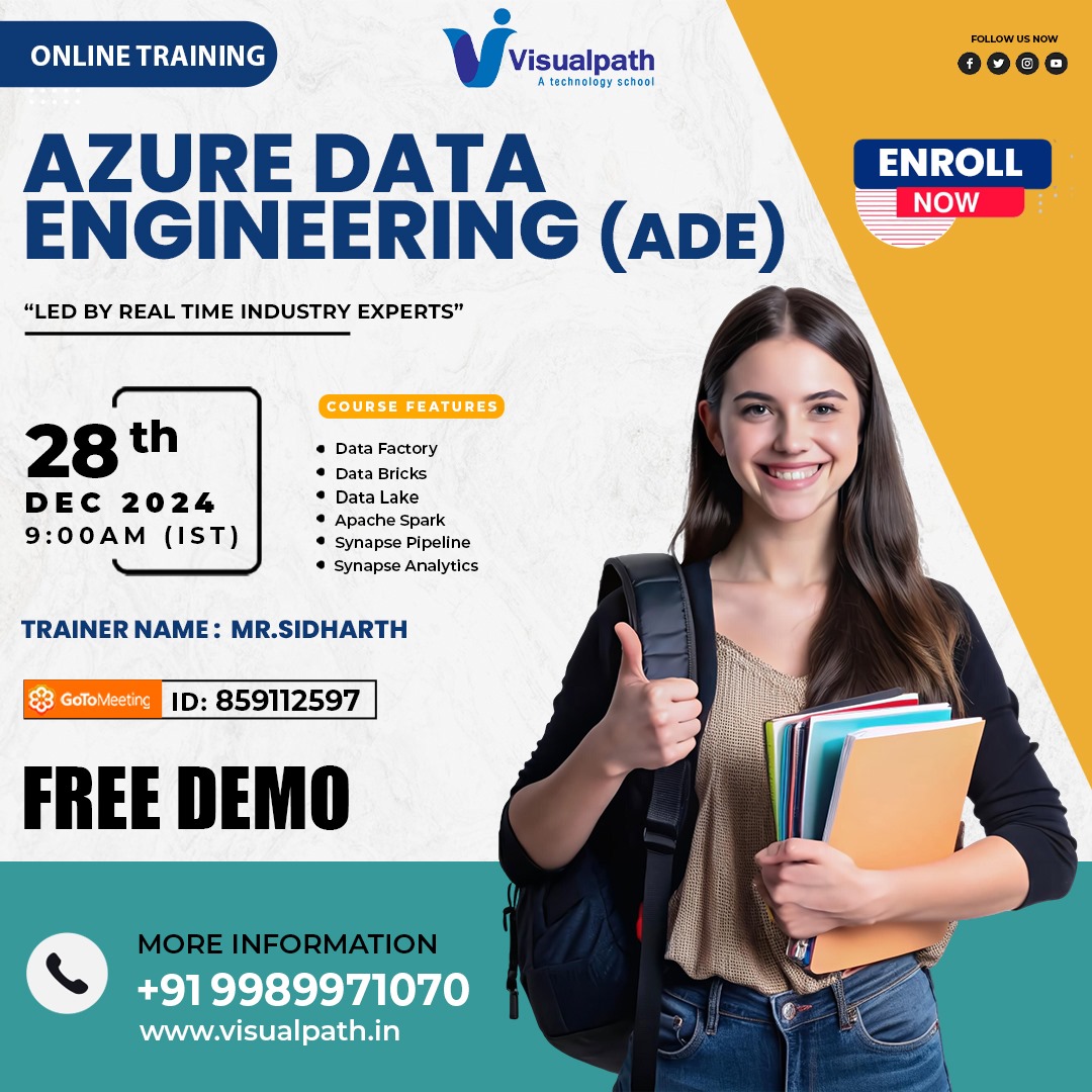 VisualpathPro's tweet image. Join Now: meet.goto.com/859112597
Attend Online #Free_Demo On #Azure_Data_Engineering
Demo on: 28th December 2024 @9:00 AM IST.
Contact us: +91 9989971070
WhatsApp: bit.ly/47eayBz
Visit: visualpath.in/online-azure-d…
#E_learning #azure #aws #cloud #microsoft #ITskills