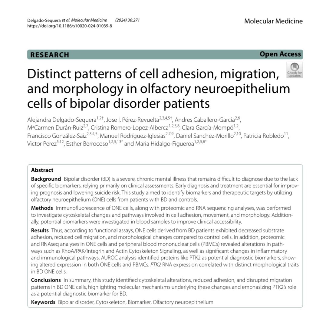 Berrocoso_Lab's tweet image. 🚨Read our latest research “Distinct patterns of cell adhesion, migration, and morphology in olfactory neuroepithelium cells of #bipolardisorder patients” 🧠🔬 published with @SpringerNature in #MolecularMedicine 
🔗rdcu.be/d4Emb 

@univcadiz @INiBICA_IIS @CIBER_SAM