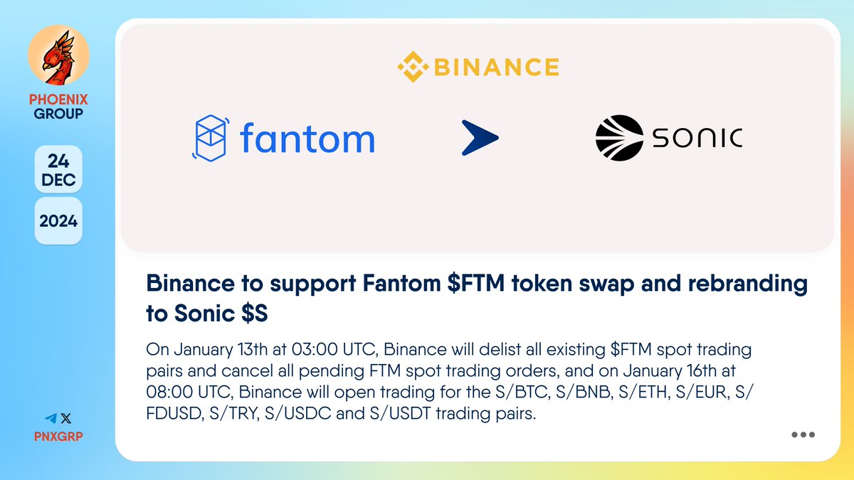 🔥 @Binance to support Fantom $FTM token swap and rebranding to  @0xSoniclabs $S On January 13th at 03:00 UTC, #Binance will delist all  existing $FTM spot trading pairs and cancel all pending