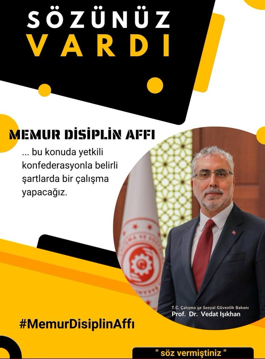 Çalışma Bakanı Sn <a href="/isikhanvedat/">Prof. Dr. Vedat Işıkhan</a> yaptığınız açıklamada #MemurDisiplinAffı için çalışma yapacağız demiştiniz. Sözünüzü ne zaman tutacaksınız ?
Kademe ilerlemesi durdurma cezası alan öğretmenler Uzman/ Başöğretmen olamıyorlar. Ciddi maddi kayba uğrayan bu arkadaşlarımız sizden