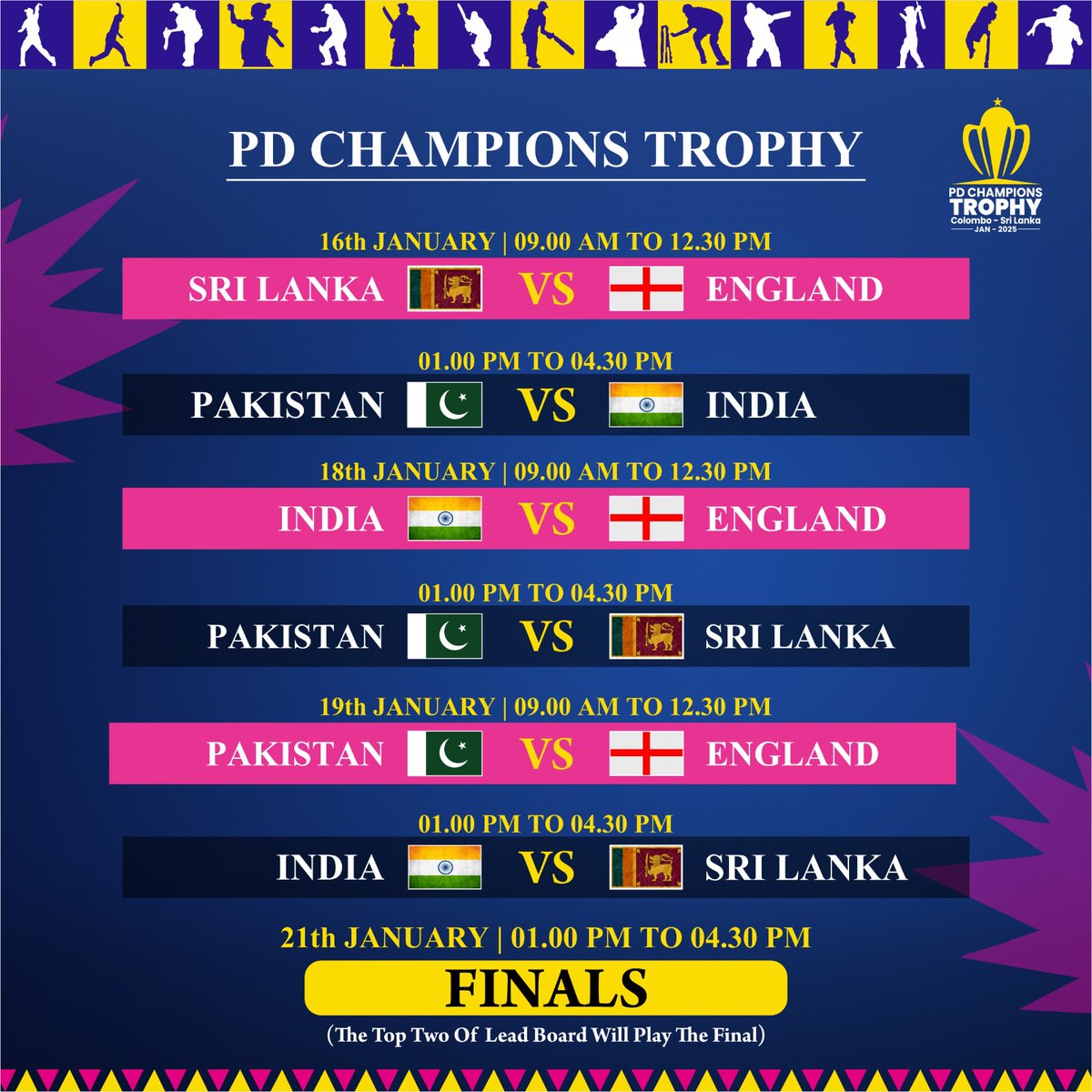 PdTrophy's tweet photo. #PDcricketChampionsTrophy fixture line-up 
The stage is set for cricketing brilliance in Colombo!

@JayShah  @ICC  @BCCI @englandcricket @TheRealPCB @OfficialSLC @PPDCAOfficial @dcciofficial 

#MohammedShami #Christmas #PDCRICKET https://t.co/uxPyuodset