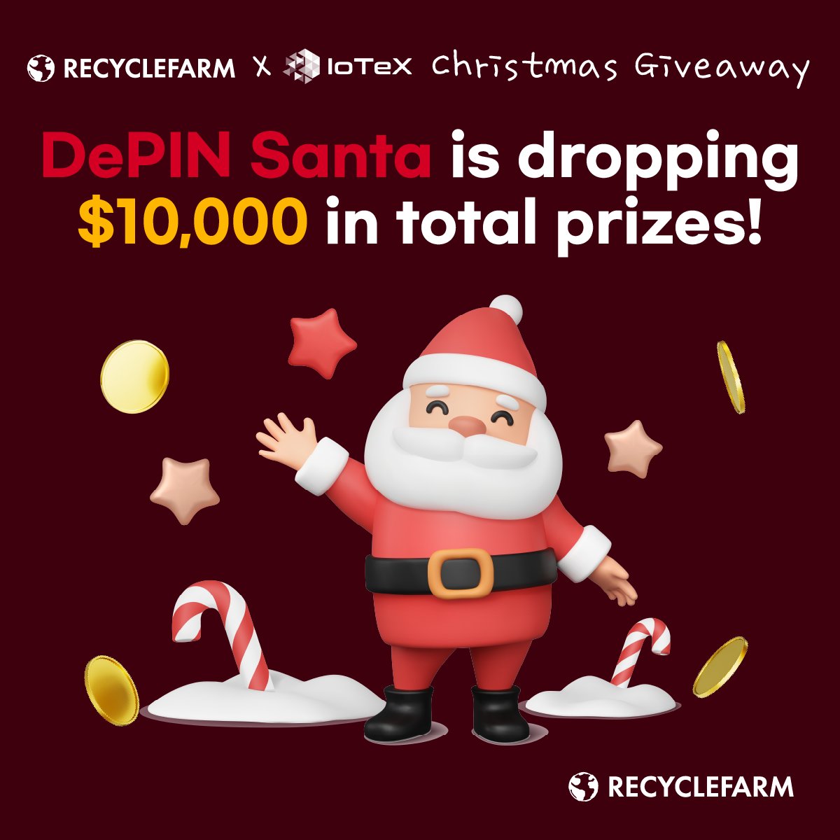 🔥 RecycleFarm &amp; IoTeX DePIN Santa Weekly Event!

🎁 Claim your share of the $10,000 + @ total airdrop pool! 💸

✨ Complete simple missions and start earning rewards today!

📍 Join Telegram:
[KR] Channel 👉 t.me/RecycleFarm_An…
[KR] Chat group 👉 t.me/RecycleFarm_ch…