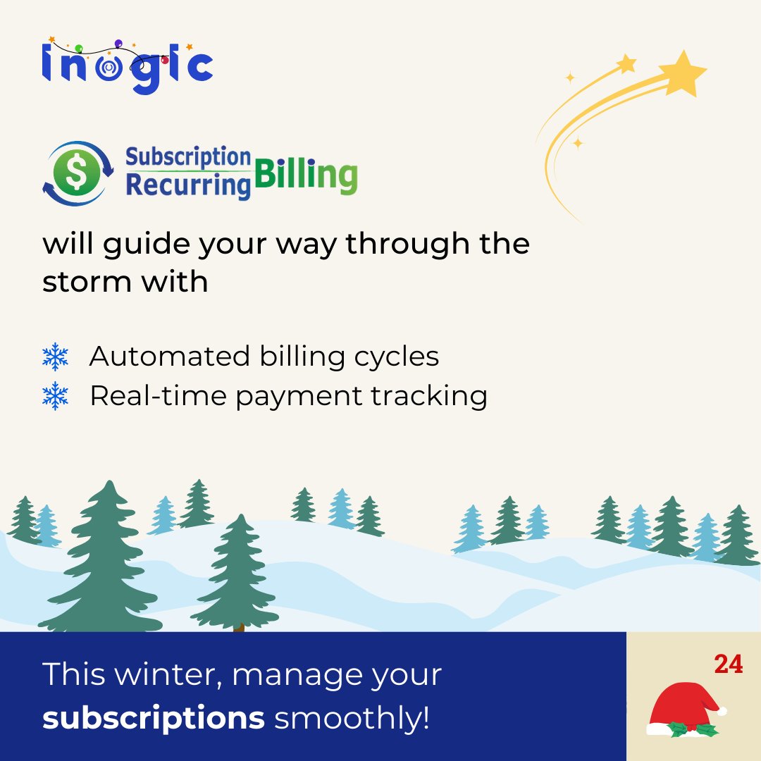 inogic's tweet image. #AdventWithInogic #advent #day24
Lost in manual subscriptions? Let Subscription &amp;amp; Recurring Billing by Inogic clear the storm! ❄️ Automate billing, track payments, &amp;amp; boost cash flow.