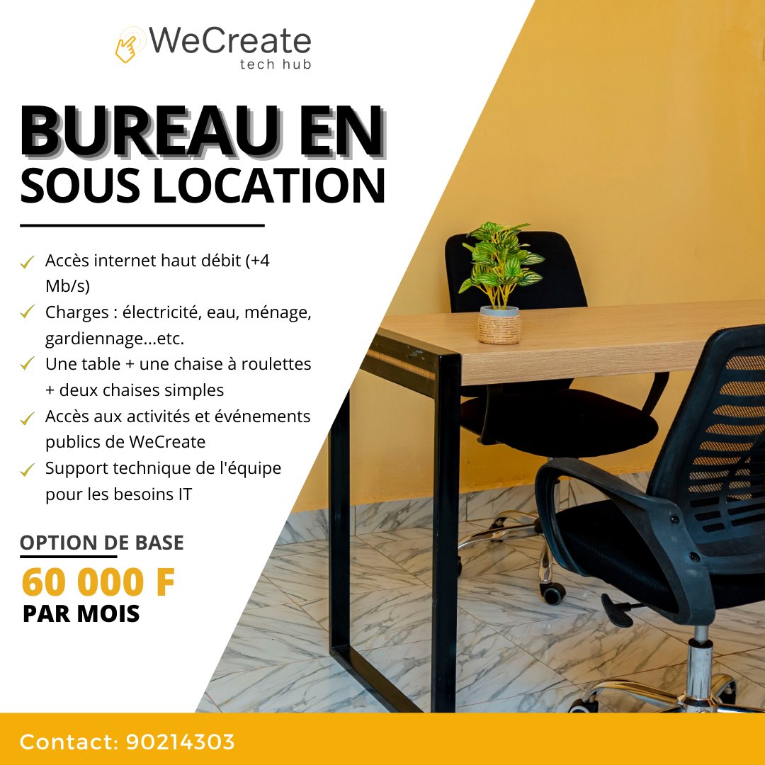 Wecreate17's tweet photo. Inclus dans  l'offre :

🔹 Accès Internet 
🔹 Charges incluses : électricité, eau, ménage, gardiennage, etc
🔹 Mobilier confortable : une table, une chaise à roulettes, et deux chaises simples

👉 Tarif : 60 000f/mois.

📞 Contactez-nous au +227 90214303 et passez visiter 😊 https://t.co/B3OXTos3Vn