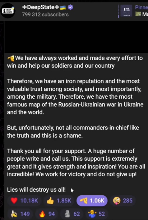 P__Oli's tweet photo. My opinion on the #Deepstate Map "Shutdown": The GSUA cannot "shut down" this website. Ridiculous this term. What they did: Banned the Deepstate sources within the military from continuing to provide contact. Now the deepstate guys have to run OSINT like everyone else... https://t.co/d0qzfJ0Nf5