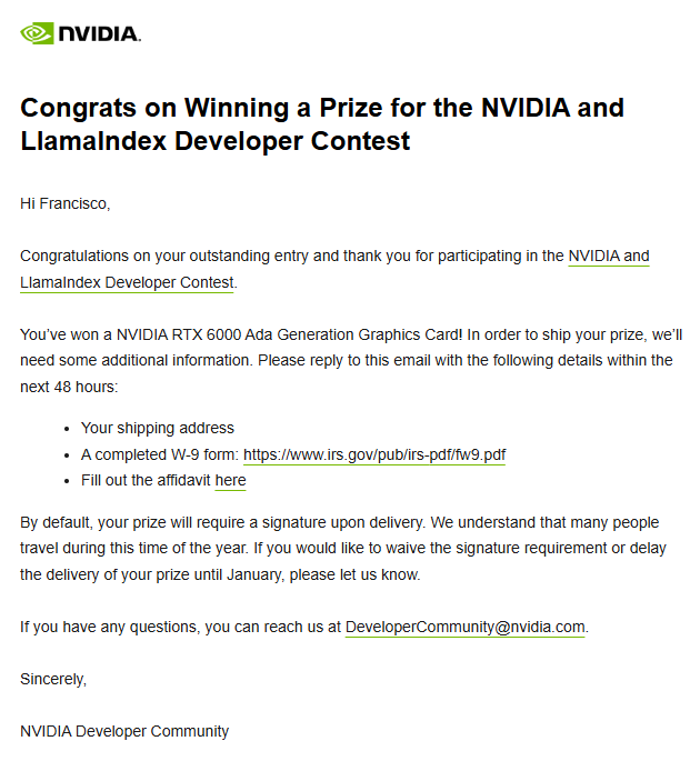Francisco_Ecofa's tweet photo. Winner Nvidia LlamaIndex Developers 2024   https://t.co/HSsebSgnmu @joannpeach @nvidiadeveloper @NVIDIAGeForceES @llama_index @NVIDIAAIDev @AndrewYNg @nvidia @NVIDIAGeForceLA @NVIDIALA https://t.co/8mdj96Vi6m