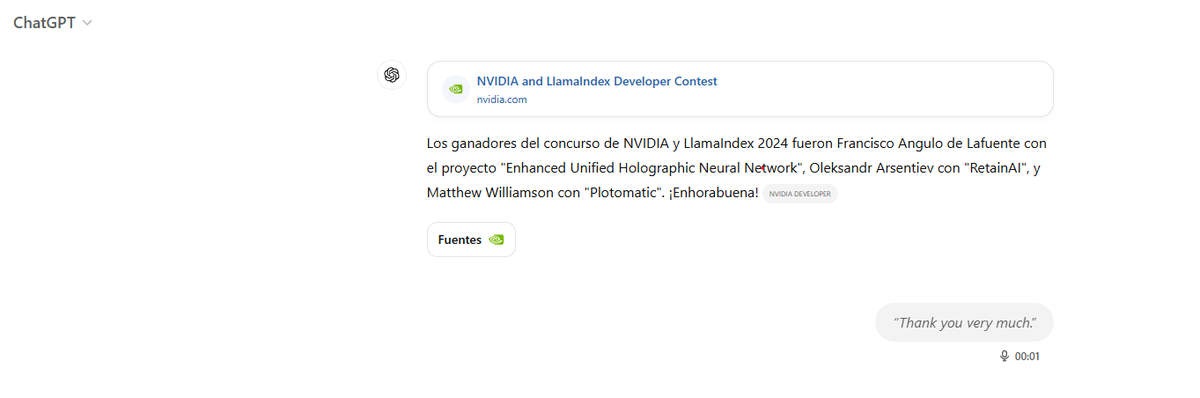 Francisco_Ecofa's tweet photo. Winner Nvidia LlamaIndex Developers 2024   https://t.co/HSsebSgnmu @joannpeach @nvidiadeveloper @NVIDIAGeForceES @llama_index @NVIDIAAIDev @AndrewYNg @nvidia @NVIDIAGeForceLA @NVIDIALA https://t.co/8mdj96Vi6m