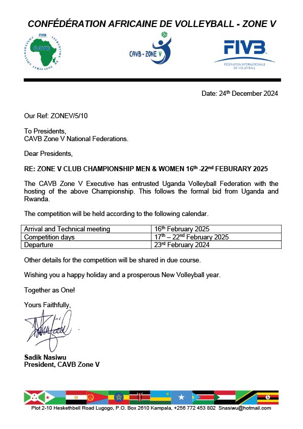amonb_official's tweet photo. 🚨Breaking: The Uganda Volleyball Federation will host the 2025 #ZoneV Senior Club Championship in Kampala  🇺🇬 from February 17-22, 2015. 

Police VC 🇷🇼and Kenya Pipeline WVC🇰🇪 are the defending champions from the previous edition.

#KTSports https://t.co/NXZDlJcDkG