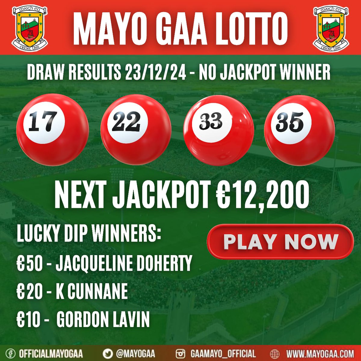 MayoGAA's tweet photo. Check out this weeks Lotto results
Next Monday night's jackpot is β¬12,200 !!!
ππ₯ππ² ππ«π¨π¦ ππ¬ π₯π’πππ₯π ππ¬ β¬π π¨π« π ππ’ππ€πππ¬ ππ¨π« β¬π
Be in it, to win it: https://t.co/1vXrevH3Gh #playsupportwin #mayogaa #jackpot #smartlotto Thank you for your continued support.