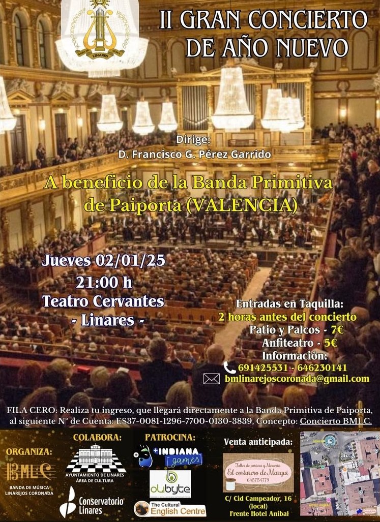 𝗜𝗜 𝗖𝗢𝗡𝗖𝗜𝗘𝗥𝗧𝗢 𝗗𝗘 𝗔𝗡̃𝗢 𝗡𝗨𝗘𝗩𝗢

El próximo 2 de Enero de 2025 la Banda de Música Linarejos Coronada, de Linares  llevará a cabo su Concierto de Año Nuevo en el Teatro Cervantes a las 21:00 h
Más información ⬇️