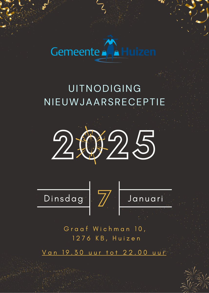 Het gemeentebestuur van Huizen nodigt je uit voor de nieuwjaarsreceptie op dinsdag 7 januari 2025! Kom van 19.30 tot 22.00 uur naar het gemeentehuis voor hapjes, drankjes, livemuziek &amp; de toespraak van burgemeester Niek Meijer om 20:00 uur. Meer info op; huizen.nl/nieuwjaarsrece…