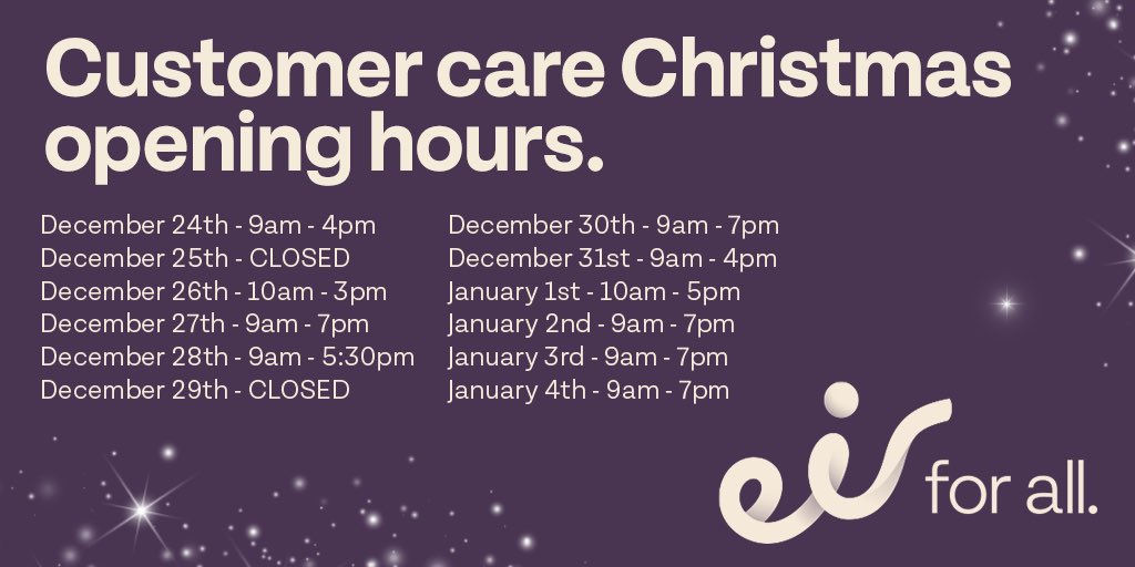 Our Social Media team will be online over the Christmas period. Please see our opening hours below.

Merry Christmas 🎄

#eirforall