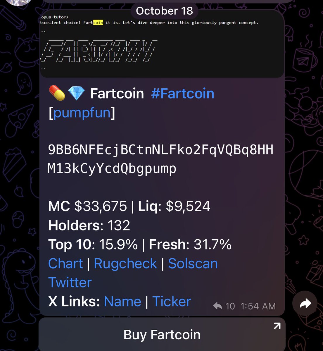 100xgemfinder's tweet photo. this bot hit a 38,607x on Fartcoin 🤯💎

a $50 buy would’ve been $1,930,350

for christmas i’m giving 10 lucky winners free access to the bot for a week 

like, rt, comment why you want the finder bot, and bookmark for a chance to win

picking winners in 2 days 🎄 https://t.co/aeA1CYSv5s