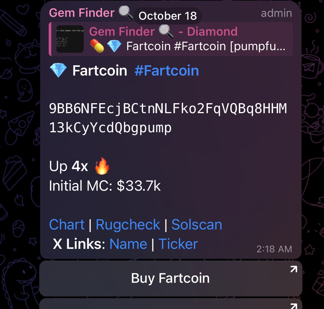 100xgemfinder's tweet photo. this bot hit a 38,607x on Fartcoin 🤯💎

a $50 buy would’ve been $1,930,350

for christmas i’m giving 10 lucky winners free access to the bot for a week 

like, rt, comment why you want the finder bot, and bookmark for a chance to win

picking winners in 2 days 🎄 https://t.co/aeA1CYSv5s