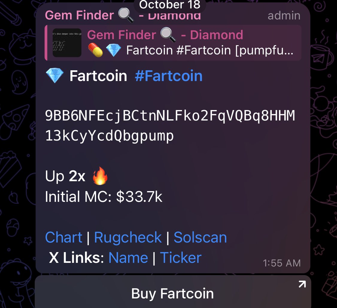 100xgemfinder's tweet photo. this bot hit a 38,607x on Fartcoin 🤯💎

a $50 buy would’ve been $1,930,350

for christmas i’m giving 10 lucky winners free access to the bot for a week 

like, rt, comment why you want the finder bot, and bookmark for a chance to win

picking winners in 2 days 🎄 https://t.co/aeA1CYSv5s