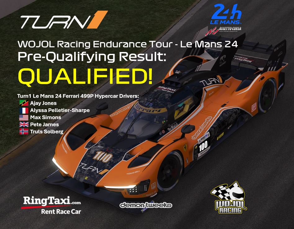 Team_Turn1's tweet photo. We made it! Unable to set a time on the final day of pre-qualifying it was fingers crossed. We missed out by 0.03 secs but @wojolracing gave us a wildcard entry. Race is on 4th January! Check out our livery promo here: https://t.co/xLYOQeUbv5
#simracing #AssettoCorsa https://t.co/j9h1UFZxSu