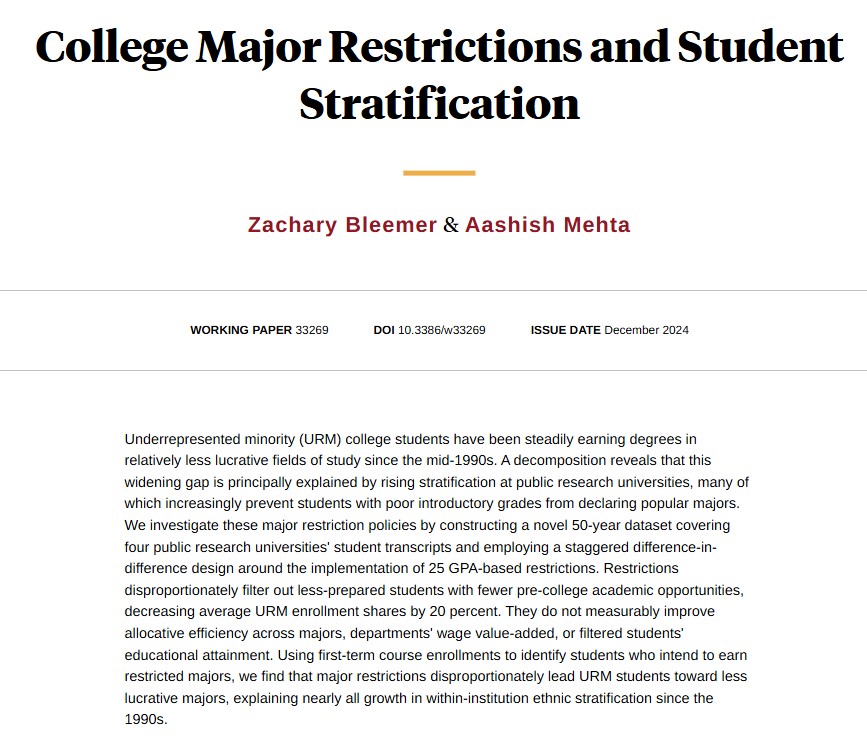Black and Hispanic college graduates have been steadily earning degrees in relatively lower-paying majors since 2000. The main reason is new GPA-based restrictions on major choice, from <a href="/zbleemer/">Zachary Bleemer</a> and <a href="/ProfAMehta/">Aashish Mehta</a> nber.org/papers/w33269