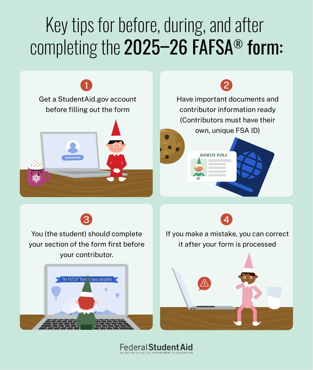 If you're a student and haven't started your 2025–26 FAFSA® form, we strongly recommend that you complete your section of the form first to save time and prevent errors.
Help yours-elf with these tips at StudentAid.gov/apply-for-aid/…