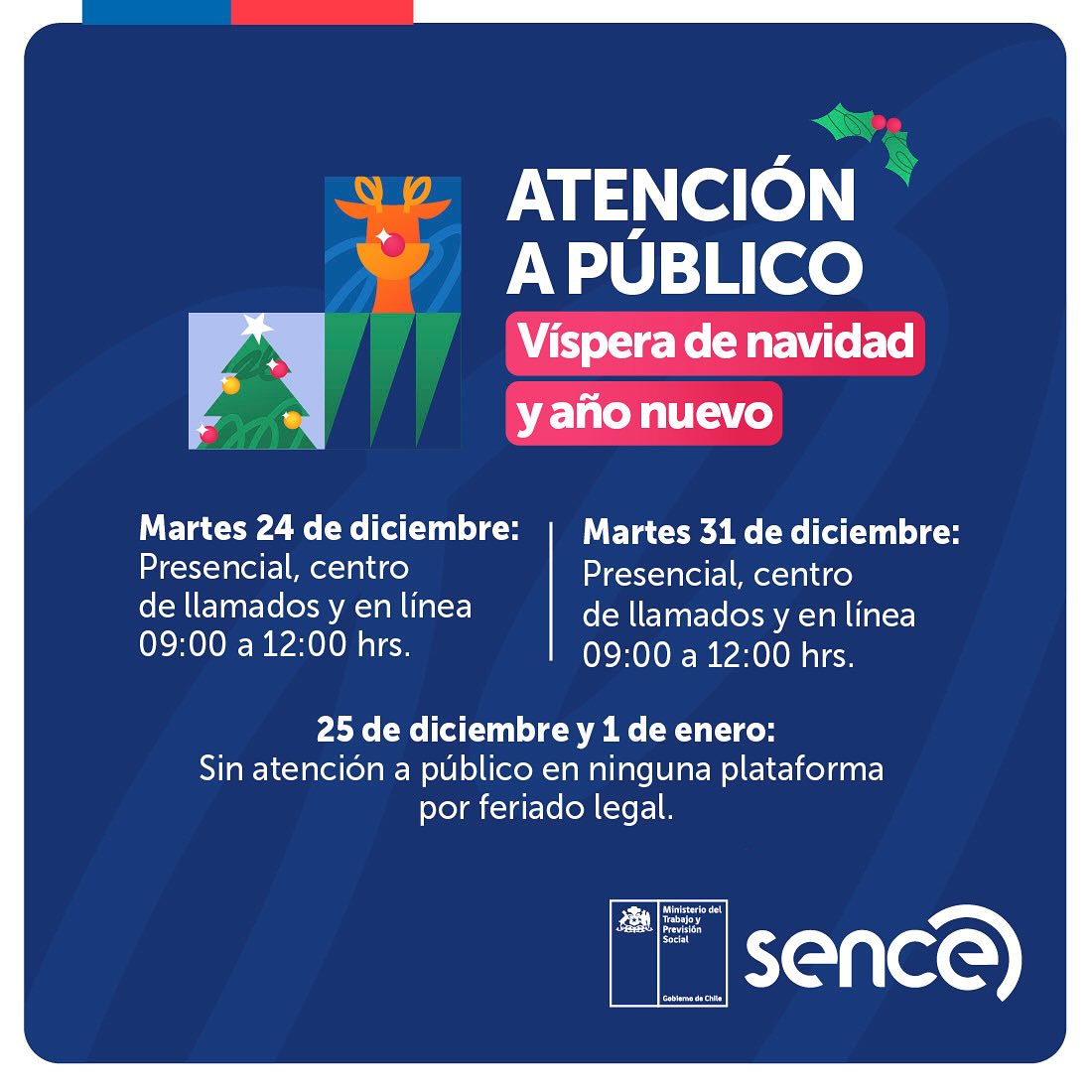 📷 Información importante para nuestras usuarias y usuarios 📷
📷 24 y 31 de diciembre: atención presencial, centro de llamados y en línea de 09:00 a 12:00 hrs.
📷 25 de diciembre y 1 de enero: sin atención por feriado legal.
Planifica tus trámites con anticipación. 📷