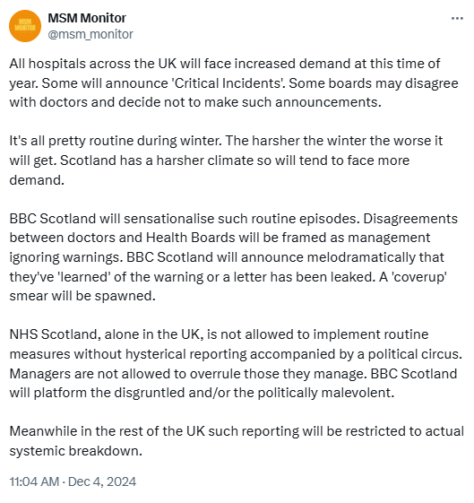 msm_monitor's tweet photo. The winter politicisation of the Scottish NHS by BBC Scotland comes as no surprise to us. We warned people weeks ago that it was going to happen. It happens every year. The station doesn't broadcast news - the Cammy Day scandal proved that - it broadcasts political messaging. https://t.co/H94fjgcrdm