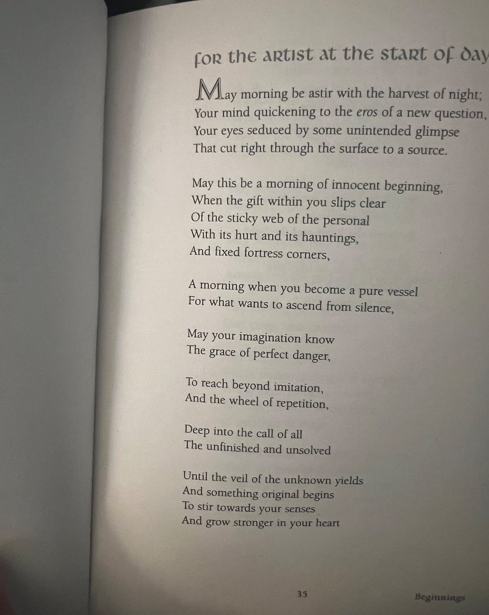 so_you_know's tweet photo. From “For the Artist at the Start of the Day” - Benedictus: A Book of Blessings - John O’Donohue 

Merry Christmas! 🕯️

“A morning when you become a pure vessel 
For what wants to ascend from silence,

May your imagination know 
The grace of perfect danger,

To reach beyond imitation, 
And the wheel of repetition,

Deep into the call of all 
The unfinished and unsolved

Until the veil of the unknown yields 
And something original begins
To stir towards your senses
And grow stronger in your heart”