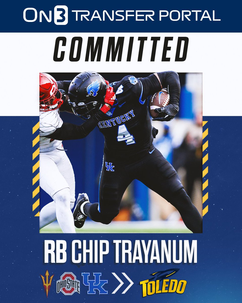 On3 (@on3sports) on Twitter photo BREAKING: Former Arizona State, Ohio State, Kentucky RB Chip Trayanum has signed with Toledo, <a href="/PeteNakos_/">Pete Nakos</a> reports.
on3.com/news/former-ke… BREAKING: Former Arizona State, Ohio State, Kentucky RB Chip Trayanum has signed with Toledo, <a href="/PeteNakos_/">Pete Nakos</a> reports.
on3.com/news/former-ke…