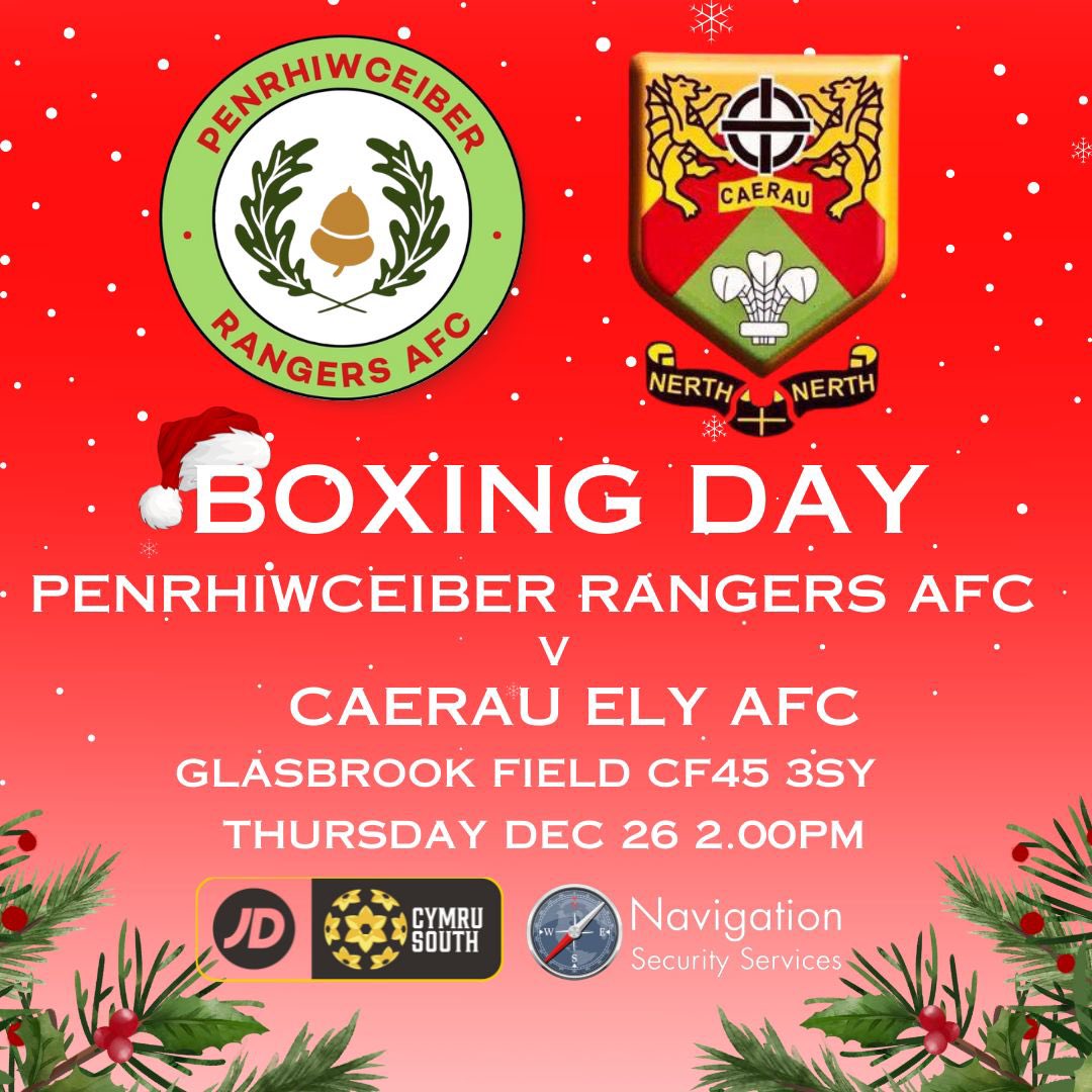 For the first time in club history, Penrhiwceiber Rangers play on Boxing Day!

Join us as we take on Caerau Ely in a JD Cymru South clash.

Bring your family, friends, and festive cheer and support the boys🎄⚽️

#WeAreCeiber #Tigers