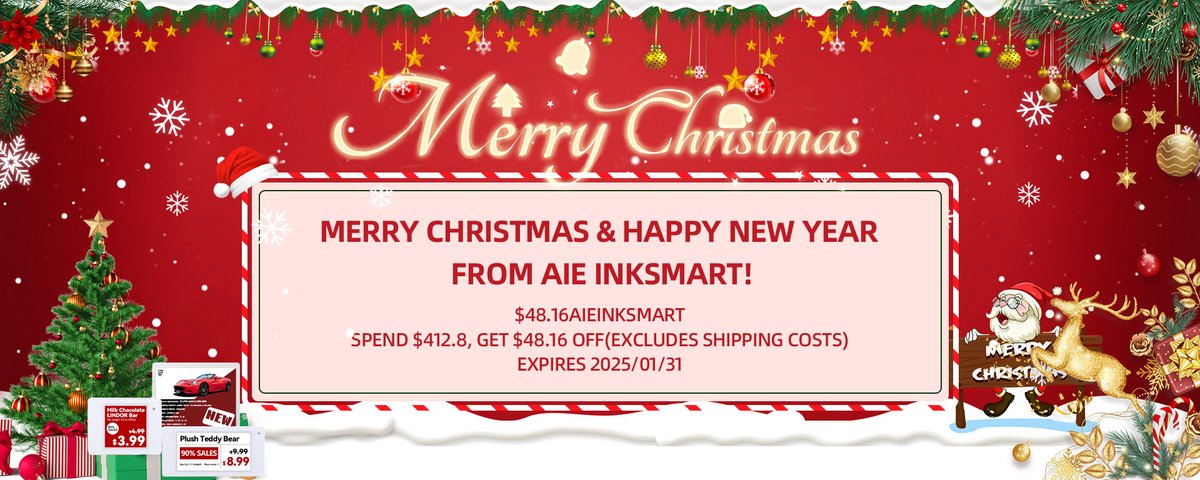 Aieinksmart's tweet photo. Wishing you a joyous Christmas and a prosperous New Year! Thank you for trusting us with your electronic shelf labels and IoT solutions. May smart technologies light up your business, and may the season bring warmth and hope to your days ahead. 🎅🎁 #MerryChristmas #HappyNewYear https://t.co/50tXi3gecV