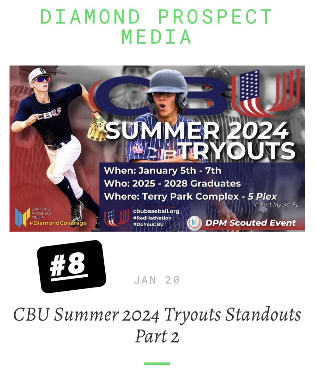 Diamond Prospect Media (@diamondpromedia) on Twitter photo Top 10 Stories Countdown for the Year 2024: No. 8 features <a href="/CBU_FL/">๐บ๐ธCBU๐บ๐ธ</a> Summer 2024 Tryouts Standouts Part 2 which highlighted the top performers led by recent <a href="/SpiderBaseball/">Richmond Baseball</a> commit 2026 C <a href="/KaineEllis1/">Kaine Ellis</a> and recent <a href="/USFBaseball/">USF Baseball</a> commit 2026 LHP <a href="/mason_mcgeehan/">Mason McGeehan</a>: diamondprospectmedia.com/newsreports/w8โฆ Top 10 Stories Countdown for the Year 2024: No. 8 features <a href="/CBU_FL/">๐บ๐ธCBU๐บ๐ธ</a> Summer 2024 Tryouts Standouts Part 2 which highlighted the top performers led by recent <a href="/SpiderBaseball/">Richmond Baseball</a> commit 2026 C <a href="/KaineEllis1/">Kaine Ellis</a> and recent <a href="/USFBaseball/">USF Baseball</a> commit 2026 LHP <a href="/mason_mcgeehan/">Mason McGeehan</a>: diamondprospectmedia.com/newsreports/w8โฆ