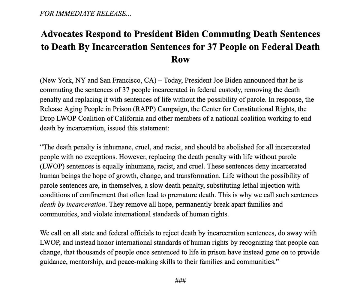 Release Aging People in Prison Campaign (@rappcampaign) on Twitter photo There’s another side to Biden’s commutations for 37 people on death row.
He left them with death sentences by another name: Life without the possibility of parole.
See our statement with <a href="/theCCR/">The CCR is on bsky (@ccrjustice.org)</a> and the Drop LWOP Coalition of California. There’s another side to Biden’s commutations for 37 people on death row.
He left them with death sentences by another name: Life without the possibility of parole.
See our statement with <a href="/theCCR/">The CCR is on bsky (@ccrjustice.org)</a> and the Drop LWOP Coalition of California.