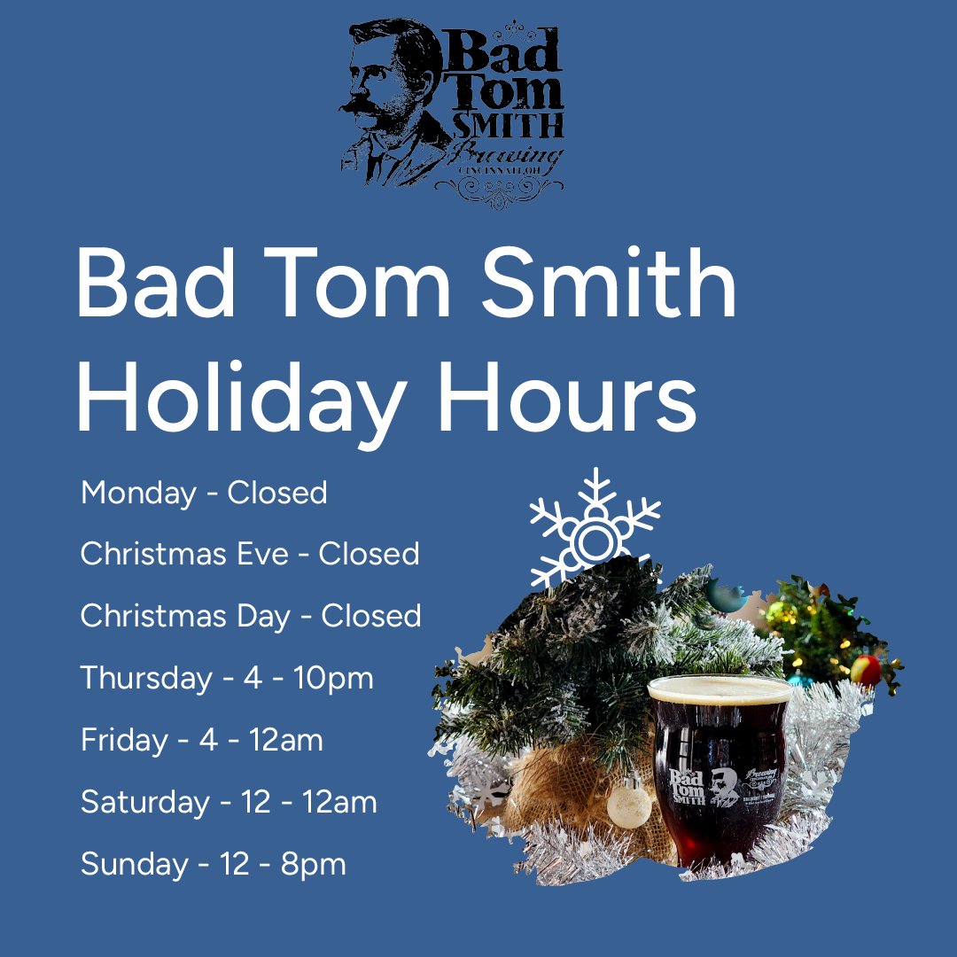 Happy Holidays everyone! Here are our holiday hours for our taproom. 

Monday: Closed
Christmas Eve: Closed
Christmas Day: Closed
Thursday: 4-10pm
Friday: 4-12am
Saturday: 12-12am
Sunday: 12-8pm