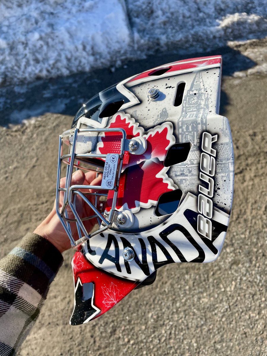 Carter wanted a few #thunderbay references on his mask with <a href="/TerryFoxCanada/">Terry Fox Foundation</a> and the Sleeping Giant. Carter and I are from the same hometown so this was a fun one to paint 🍁 #goaliemask #bmfsdesigns #worldjuniors #tbay <a href="/tbnewswatch/">tbnewswatch</a> <a href="/lpunkari/">Lucas Punkari</a> <a href="/LeithDunick/">Leith Dunick</a>