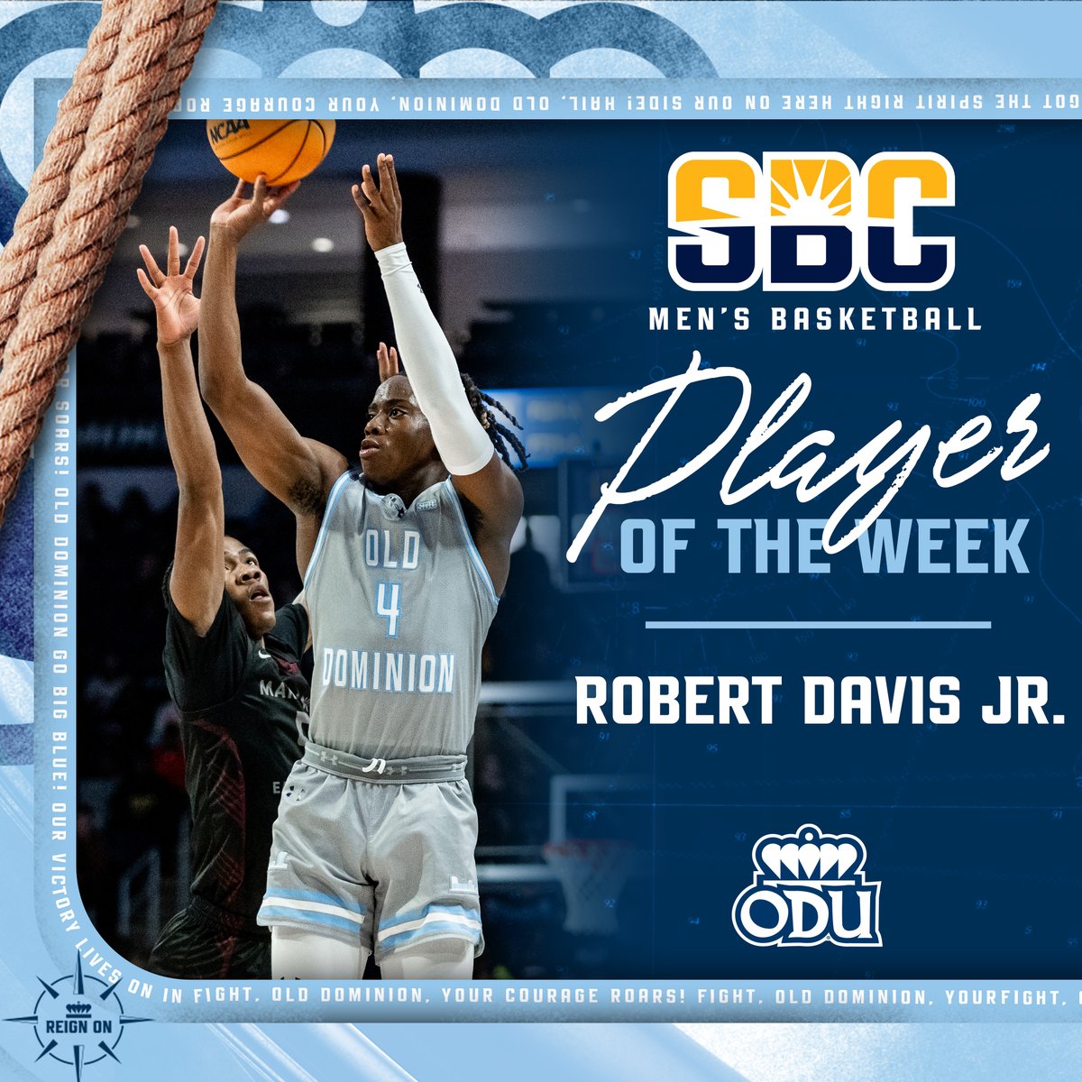 Robert Davis Jr. was named Sun Belt Conference Player of the Week‼️

His stat line over the weekend👇👇👇

👉| 32 points🗑️
👉| 7/14 3pt🎯🏹
👉| 9/12 FT🆓
👉| 2 steals🥷

🚨And most importantly, a win over ULM, 80-75.🚨

#ODUSports | #Monarchs | #ReignOn