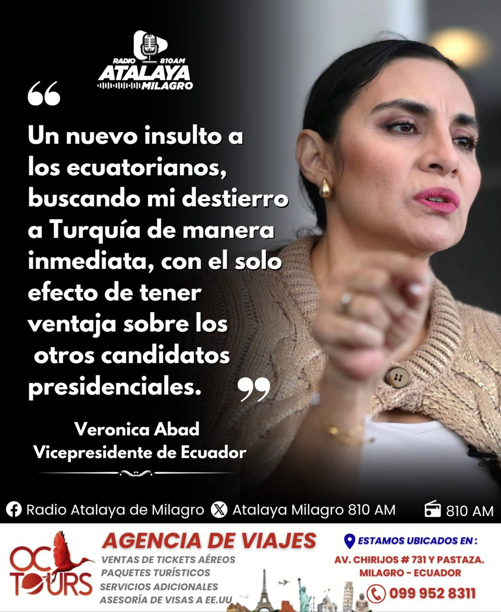 Radio_AtalayaMi's tweet photo. La vicepresidenta de Ecuador, Verónica Abad reaccionó la decisión del presidente Daniel Noboa de enviarla nuevamente a Turquía, luego de que una jueza le restituyó en su cargo y dejó sin efecto la sanción que le impuso el Ministerio de Trabajo. https://t.co/9LrnMuyS9H