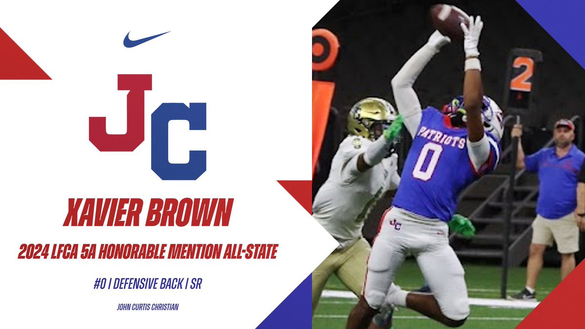 Congratulations to THREE PATRIOTS who have earned 2024 LFCA 5A All-STATE recognition!

‘26 #41 Jeffrey Curtis - Linebacker
> First Team

25 #75 Gabe Legarde - Offensive Line
> Second Team

‘25 #0 Xavier Brown - Defensive Back 
> Honorable Mention

#PatriotPower #BCFL