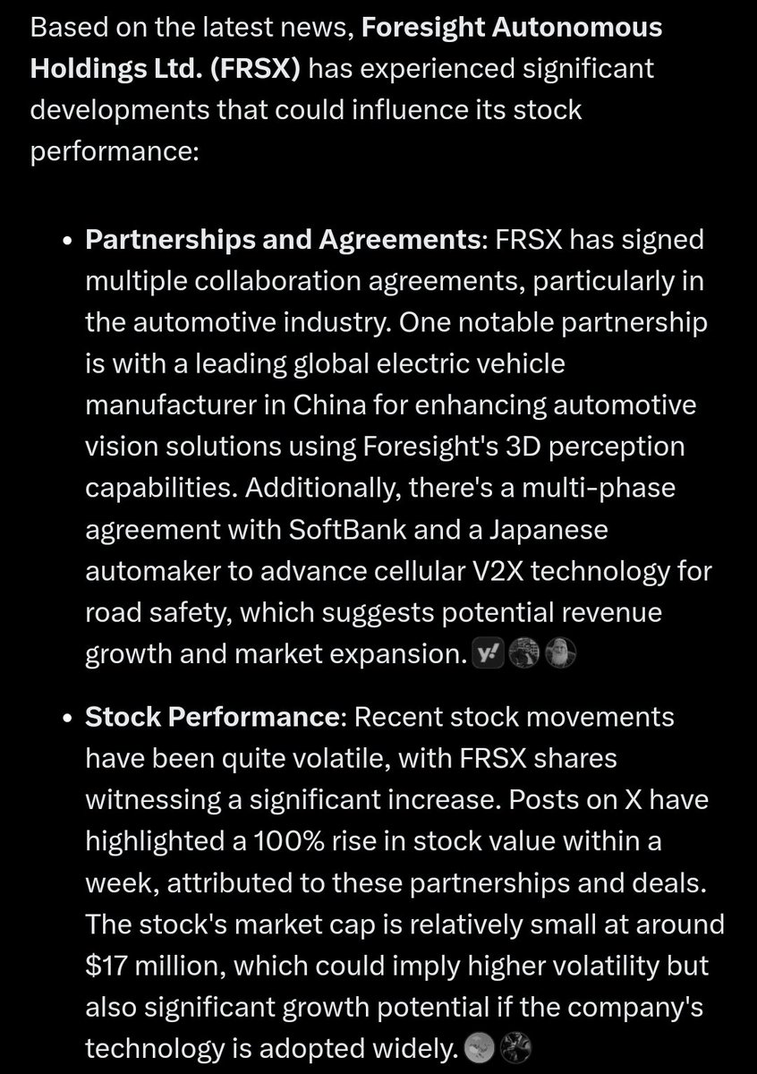 crabbywo's tweet photo. @elonmusk @grok can analyze a stock based on its business model, financials, latest news and - so important - sentiment on @x
@elonmusk would be great having additional features for financial markets analysis
Could be a killer application 
$FRSX https://t.co/V4zTW9XcZ2