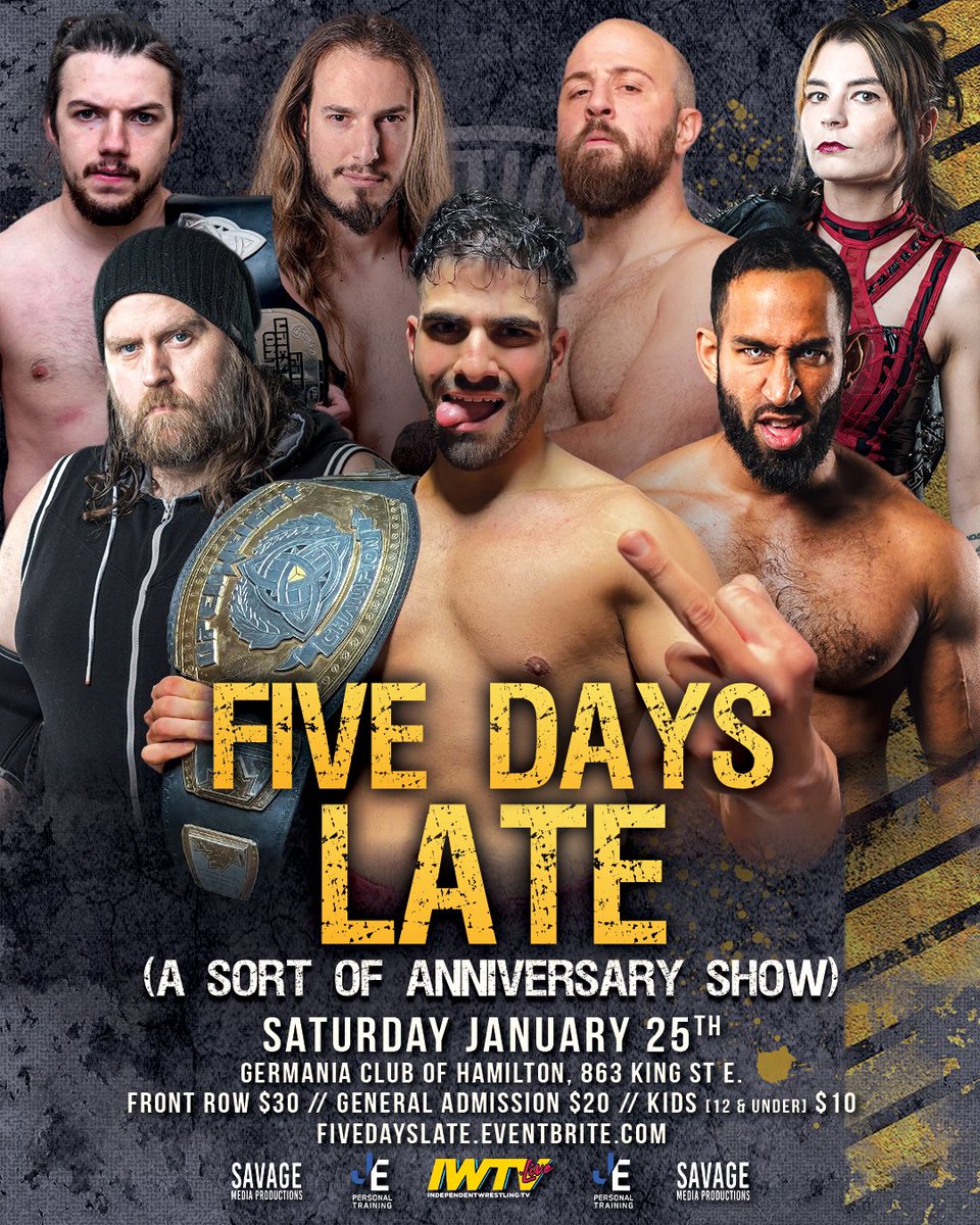 Join us on Sat Jan 25 2025 to celebrate the #7thAnniversary of #PWO only #FIVEDAYSLATE!

Limited Front Row Remain $30 // General Admission Floor &amp; Balcony $20 // Kids (12 &amp; Under) $10

Match Announcements Coming Soon! 

Tickets On Sale Now via fivedayslate.eventbrite.com