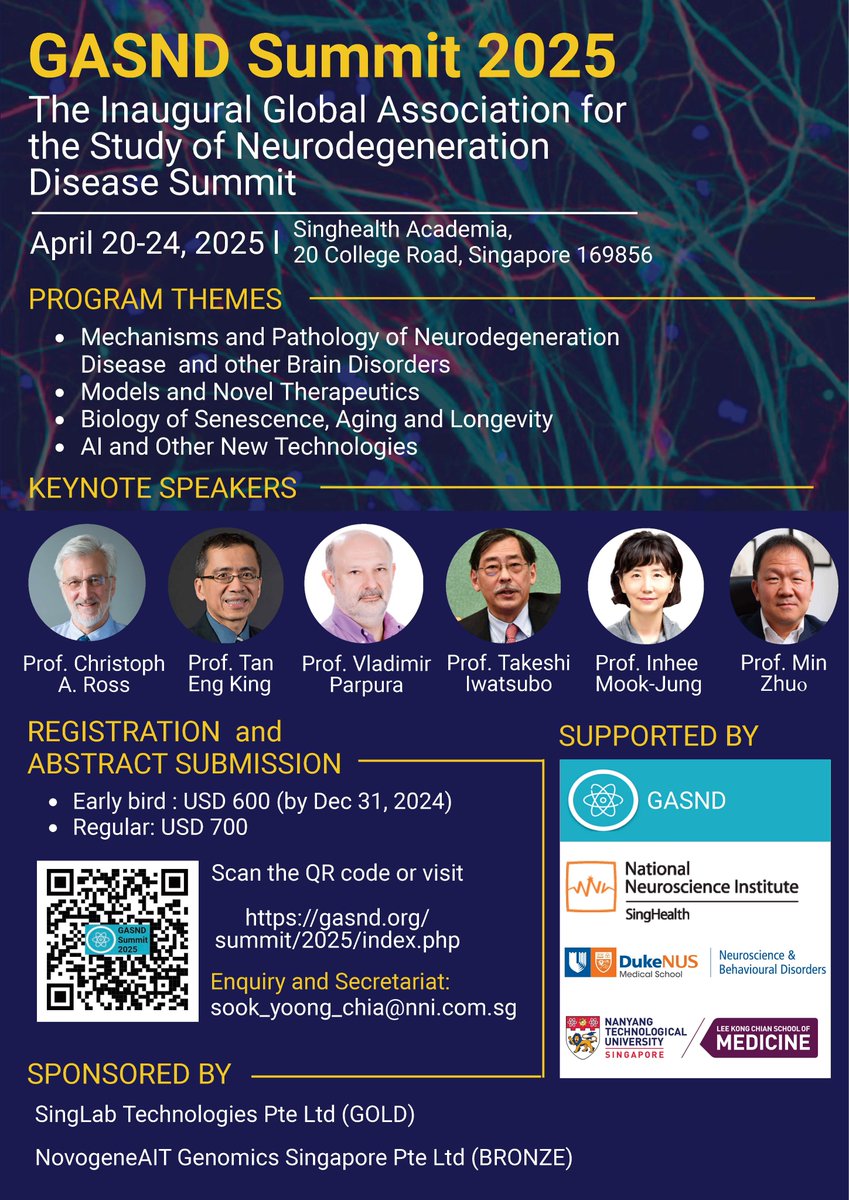 Excited to attend and speak at the Inaugural Global Association for the Study of Neurodegeneration Disease (GASND) Summit in Singapore in April 2025! Variety of sessions including novel NDD biomarkers and therapeutic discovery. Check it out!