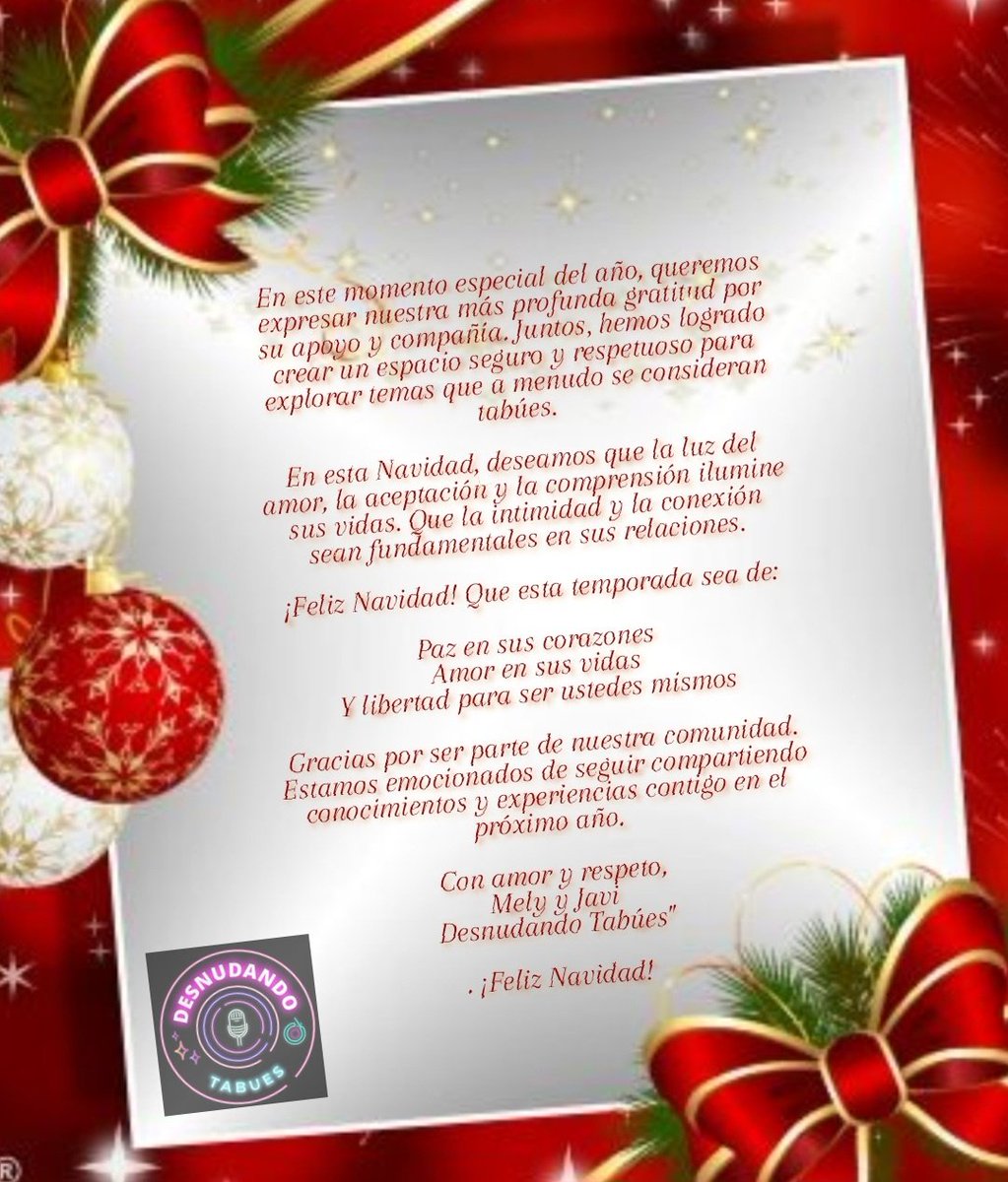 DesnudandoT's tweet photo. Feliz Navidad para todos les deseamos @MeliyJaviBta .... gracias por tanto a partir de #enero2025 se vienen invitados sorpresas 🎄🎈✨️🧨 #Navidad #desnudando #tabues #swinger https://t.co/X31XWAoySs